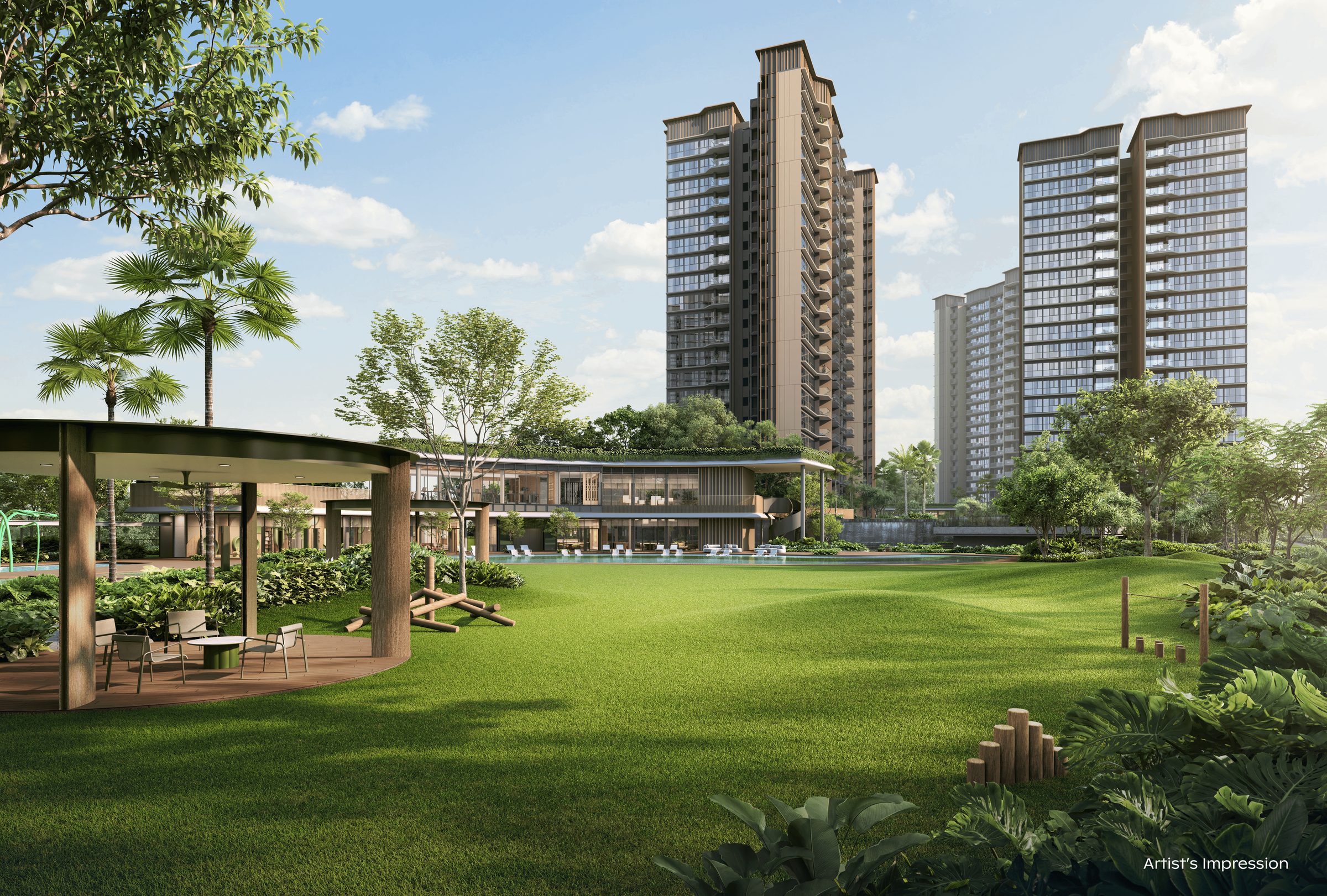 Thomson Reserve residential towers rising behind the Grand Lawn and Grand Lawn Pavilion, artist's impression