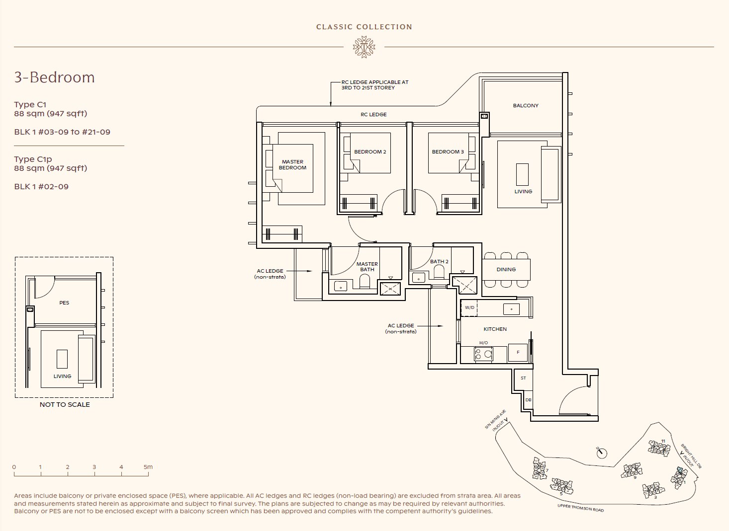 Floor plan, 3 Bedroom — Type C1 — 947 sq ft (88 sq m)