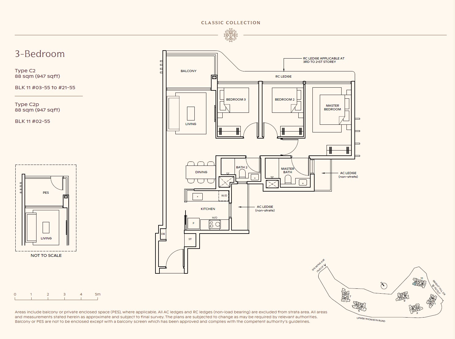 Floor plan, 3 Bedroom — Type C2 — 947 sq ft (88 sq m)