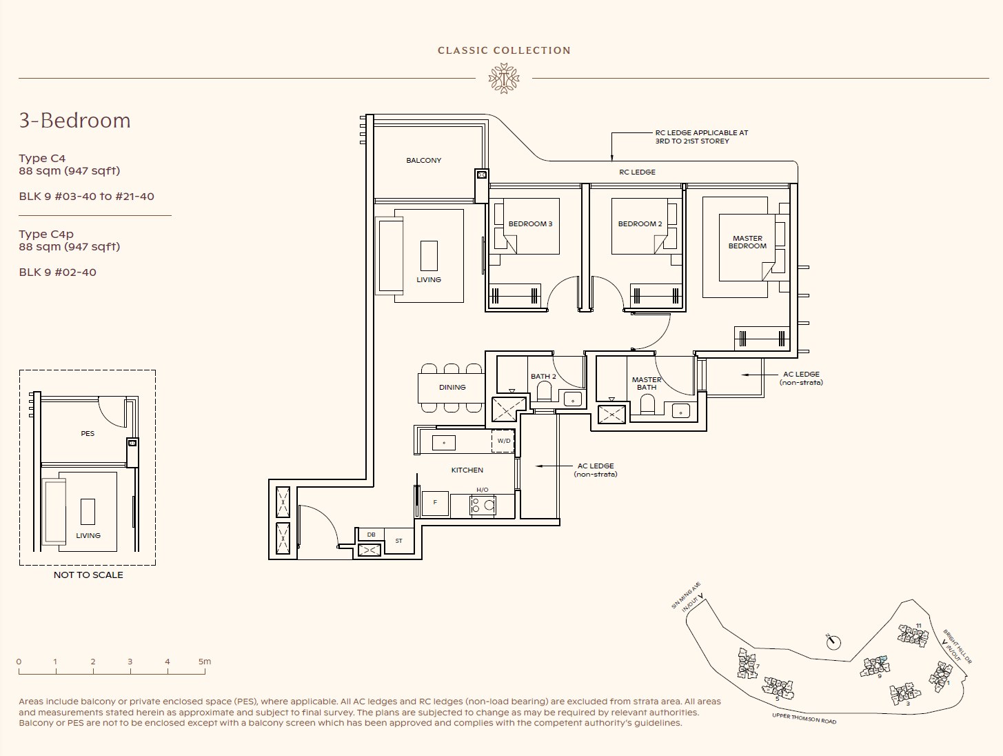Floor plan, 3 Bedroom — Type C4 — 947 sq ft (88 sq m)