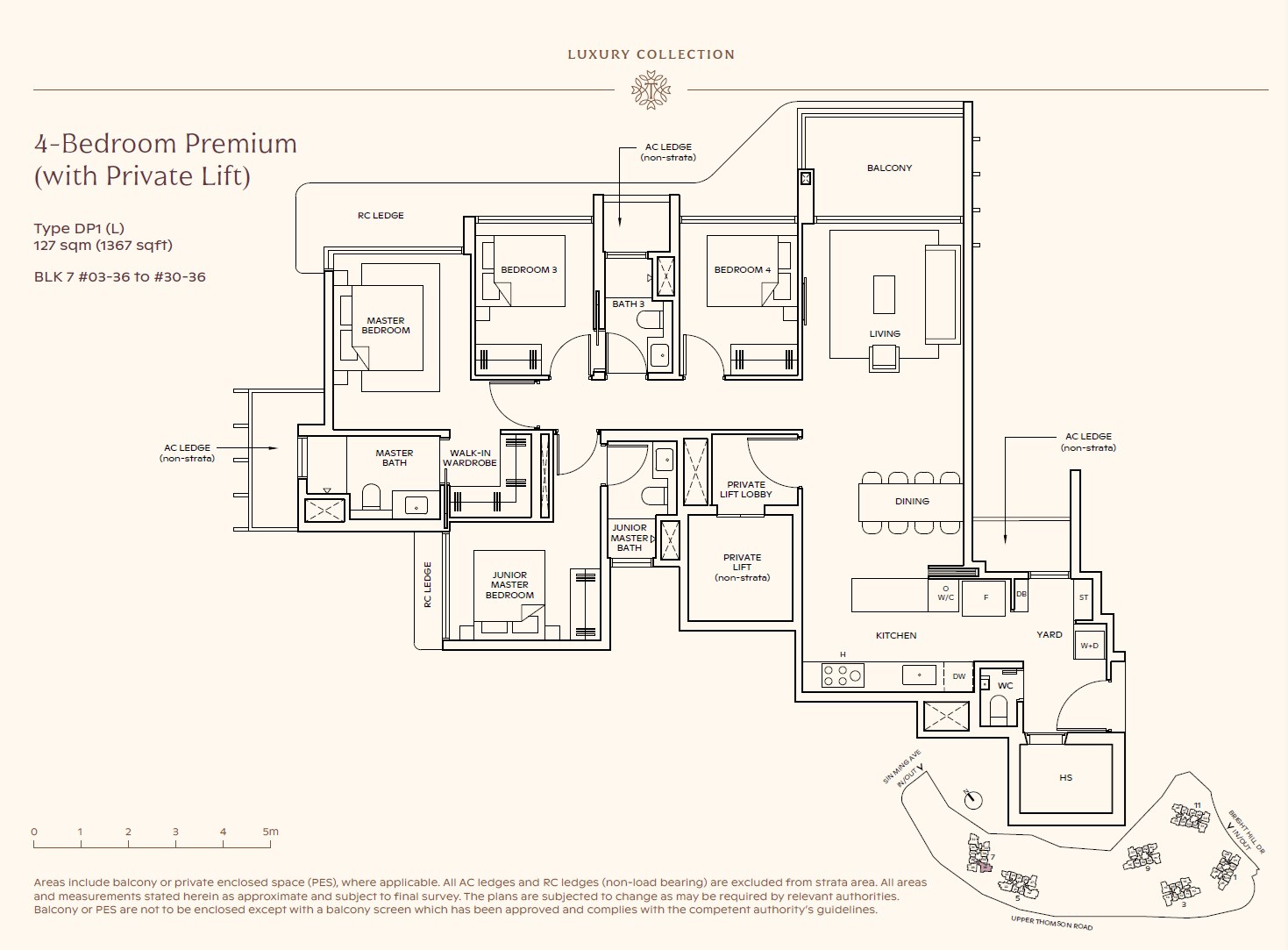 Floor plan, 4 Bedroom Premium (Private Lift) — Type DP1 (L) — 1,367 sq ft (127 sq m)