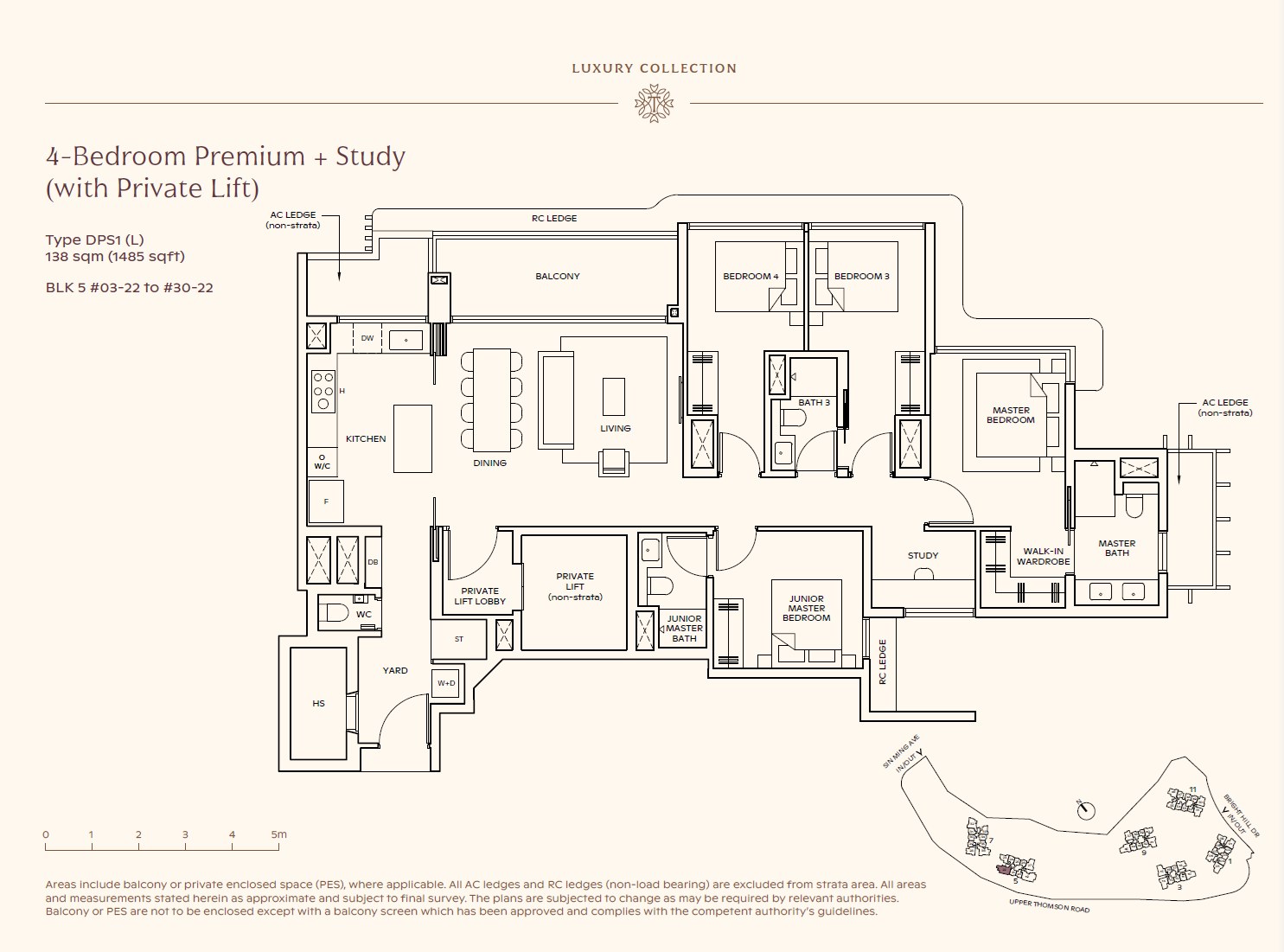 Floor plan, 4 Bedroom Premium + Study (Private Lift) — Type DPS1 (L) — 1,485 sq ft (138 sq m)