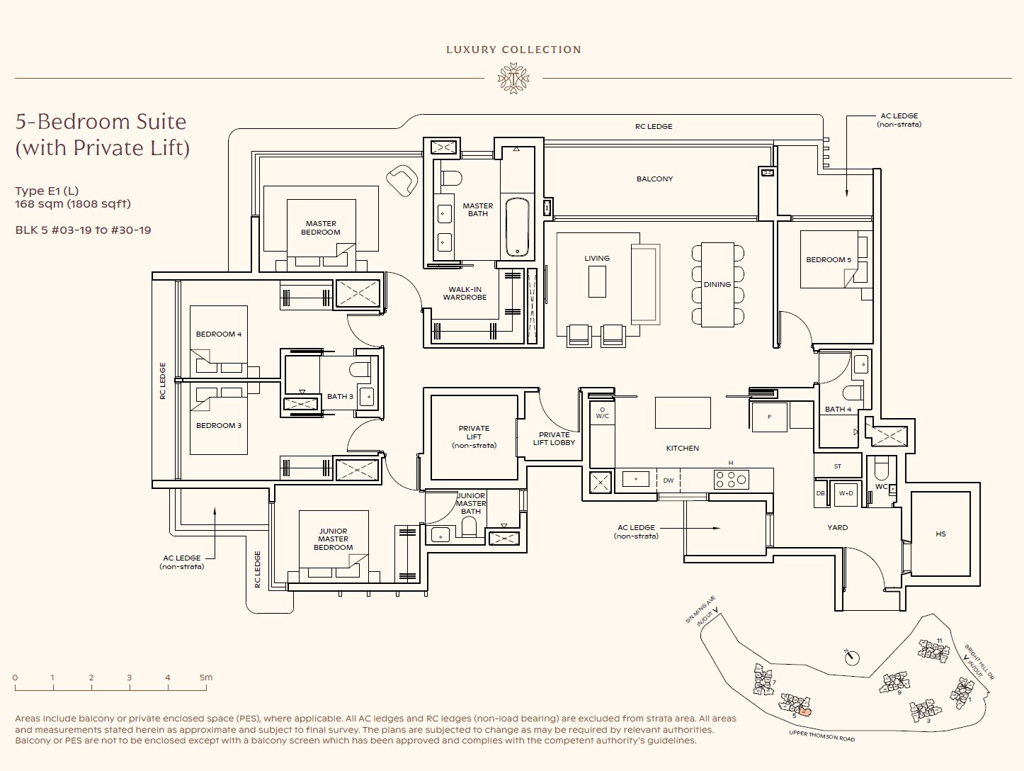 Floor plan, 5 Bedroom Suite (Private Lift) — Type E1 (L) — 1,808 sq ft (168 sq m)