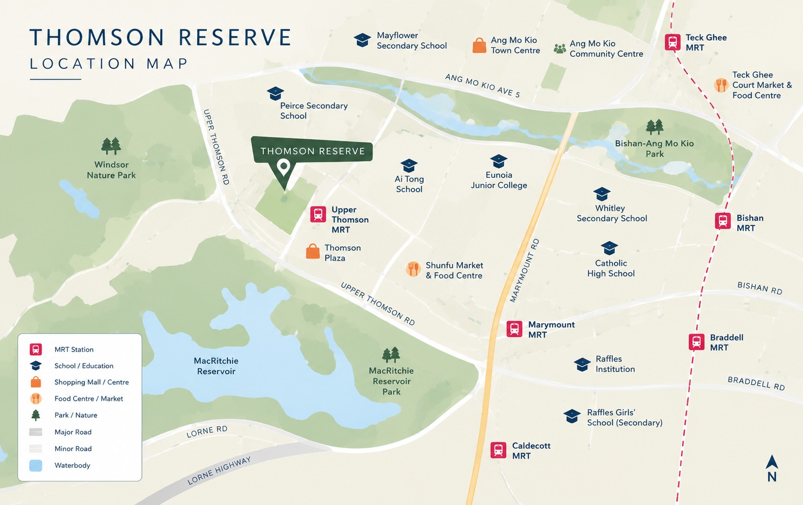 Thomson Reserve location map showing Upper Thomson MRT, Thomson Plaza, nearby schools, MacRitchie Reservoir, Windsor Nature Park and Bishan-Ang Mo Kio Park